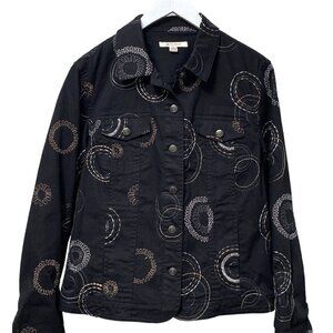 JM COLLECTION Black Jean Jacket Size 10 Womens Embroidered Denim Casual Style